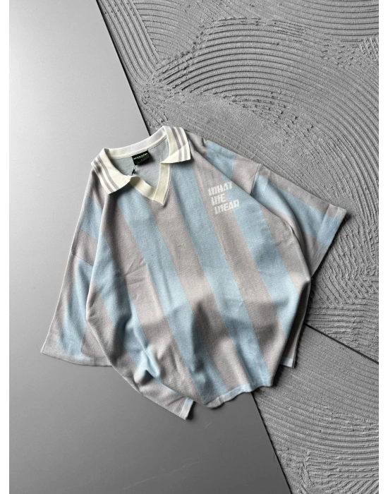POLO YAKA TRİKO KUMAŞ WHAT OVERSİZE TSHİRT MAVİ