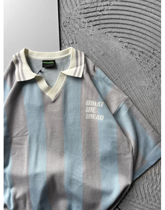 POLO YAKA TRİKO KUMAŞ WHAT OVERSİZE TSHİRT MAVİ