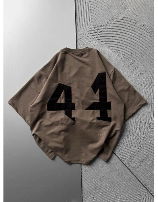 BİSİKLET YAKA 44 NAKIŞ OVERSİZE TSHİRT KAHVE