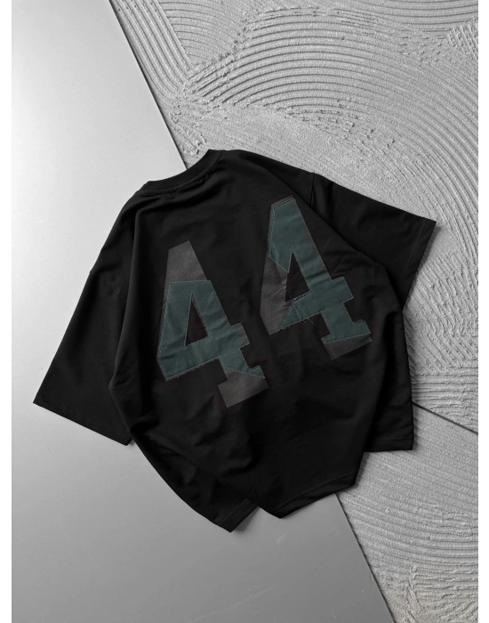 BİSİKLET YAKA 44 NAKIŞ OVERSİZE TSHİRT SİYAH