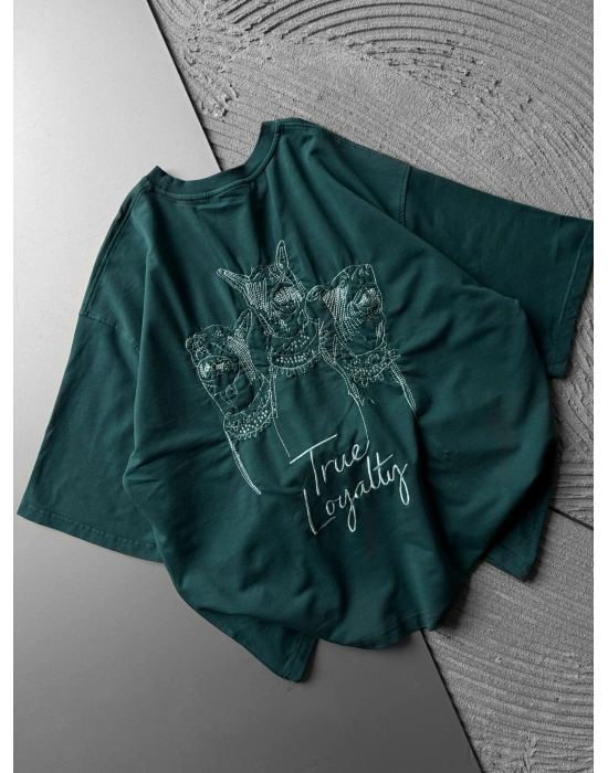 BİSİKLET YAKA DOBERMAN NAKIŞ OVERSİZE TSHİRT YEŞİL