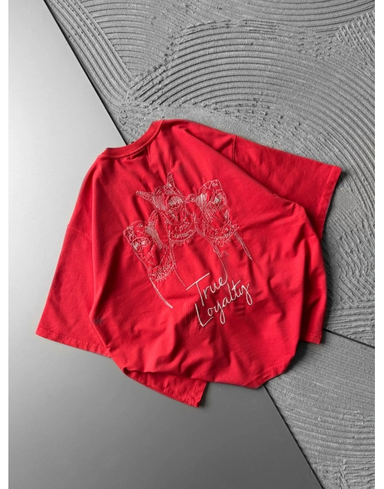 BİSİKLET YAKA DOBERMAN NAKIŞ OVERSİZE TSHİRT KIRMIZI