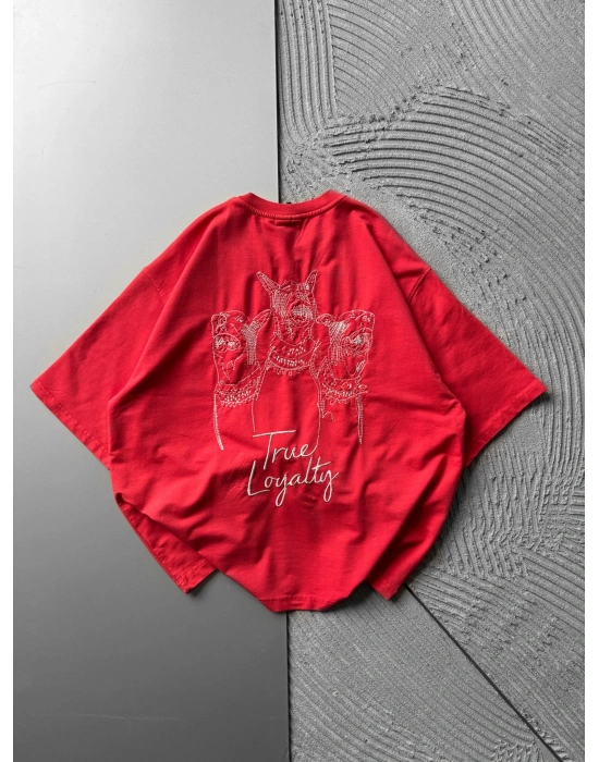 BİSİKLET YAKA DOBERMAN NAKIŞ OVERSİZE TSHİRT KIRMIZI