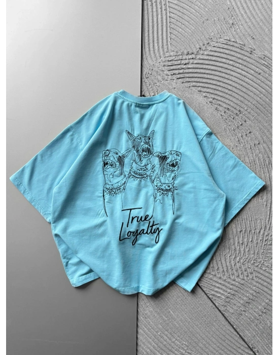 BİSİKLET YAKA DOBERMAN NAKIŞ OVERSİZE TSHİRT MAVİ