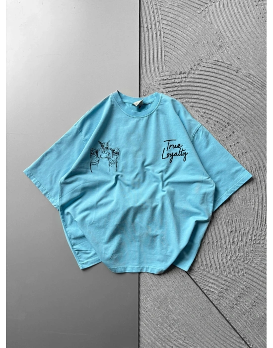 BİSİKLET YAKA DOBERMAN NAKIŞ OVERSİZE TSHİRT MAVİ