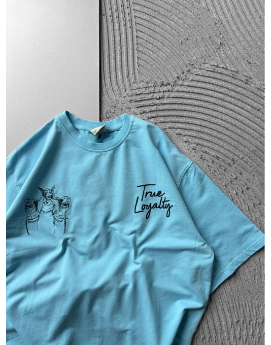 BİSİKLET YAKA DOBERMAN NAKIŞ OVERSİZE TSHİRT MAVİ