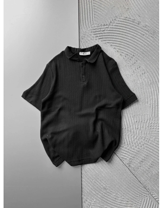 POLO YAKA ÖRME KUMAŞ OVERSIZE TSHIRT SİYAH