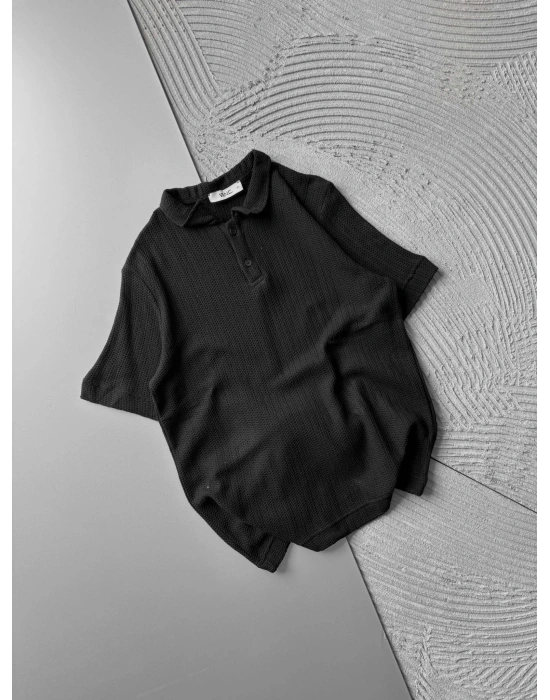 POLO YAKA ÖRME KUMAŞ OVERSIZE TSHIRT SİYAH