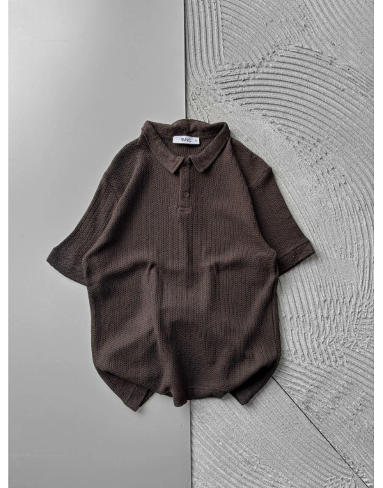 POLO YAKA ÖRME KUMAŞ OVERSIZE TSHIRT KAHVE