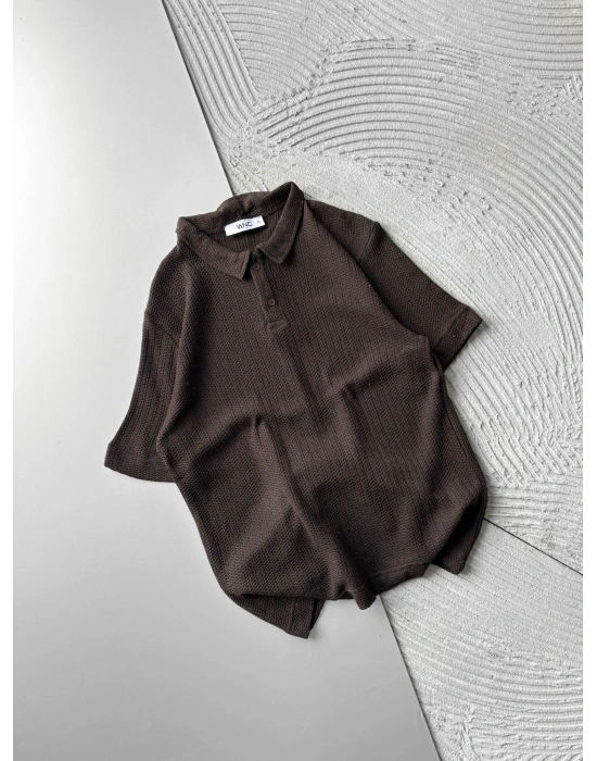 POLO YAKA ÖRME KUMAŞ OVERSIZE TSHIRT KAHVE