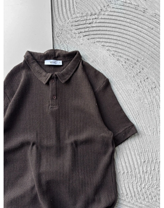 POLO YAKA ÖRME KUMAŞ OVERSIZE TSHIRT KAHVE