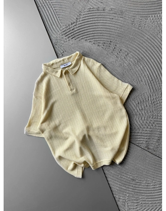 POLO YAKA ÖRME KUMAŞ OVERSIZE TSHIRT SARI