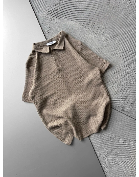 POLO YAKA ÖRME KUMAŞ OVERSIZE TSHIRT KREM