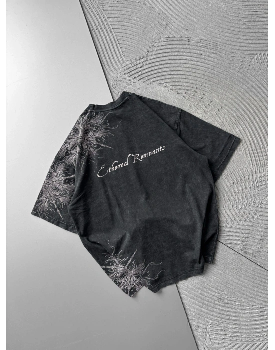 BISIKLET YAKA YIKAMALI KUMAŞ ETHEREAL OVERSIZE TSHIRT SİYAH