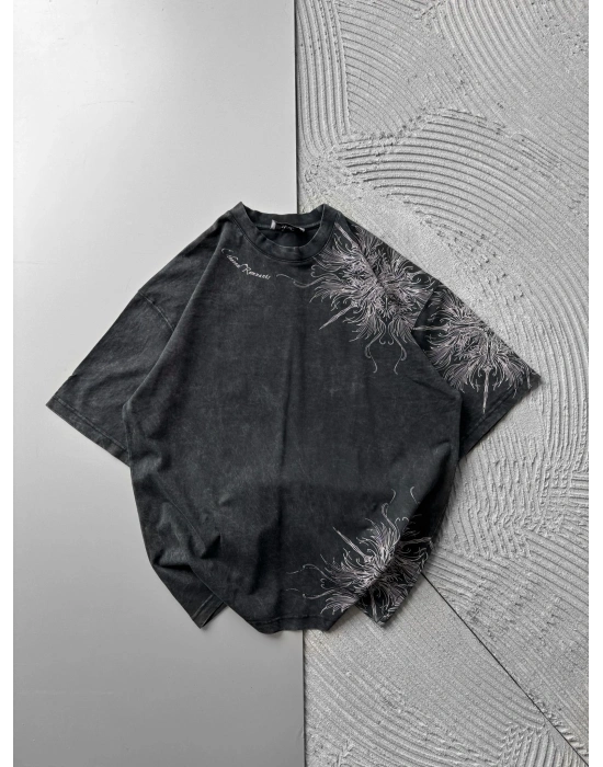 BISIKLET YAKA YIKAMALI KUMAŞ ETHEREAL OVERSIZE TSHIRT SİYAH