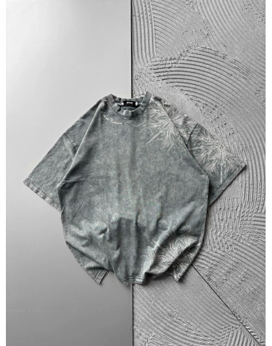 BISIKLET YAKA YIKAMALI KUMAŞ ETHEREAL OVERSIZE TSHIRT GRİ