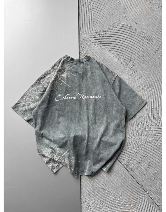 BISIKLET YAKA YIKAMALI KUMAŞ ETHEREAL OVERSIZE TSHIRT GRİ