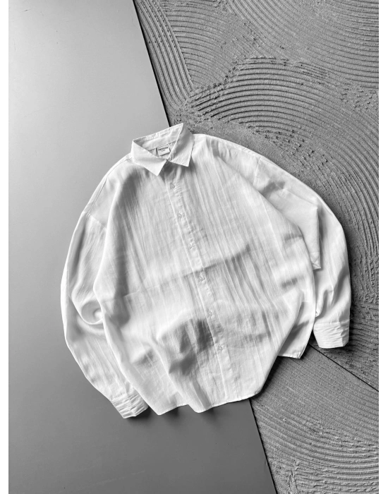 POLO YAKA MODAL KUMAŞ OVERSIZE GÖMLEK BEYAZ