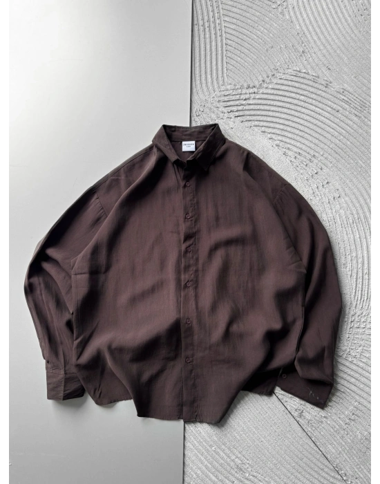 POLO YAKA MODAL KUMAŞ OVERSIZE GÖMLEK KAHVE