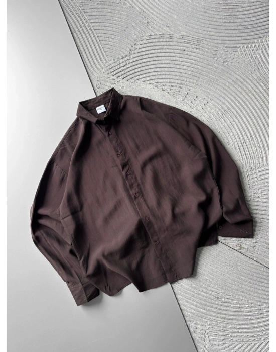 POLO YAKA MODAL KUMAŞ OVERSIZE GÖMLEK KAHVE