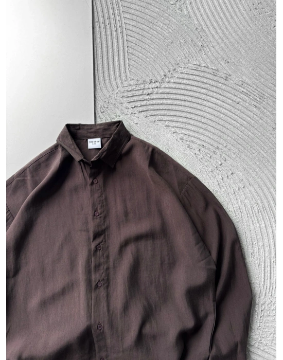 POLO YAKA MODAL KUMAŞ OVERSIZE GÖMLEK KAHVE