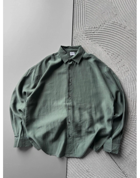 POLO YAKA MODAL KUMAŞ OVERSIZE GÖMLEK YEŞİL