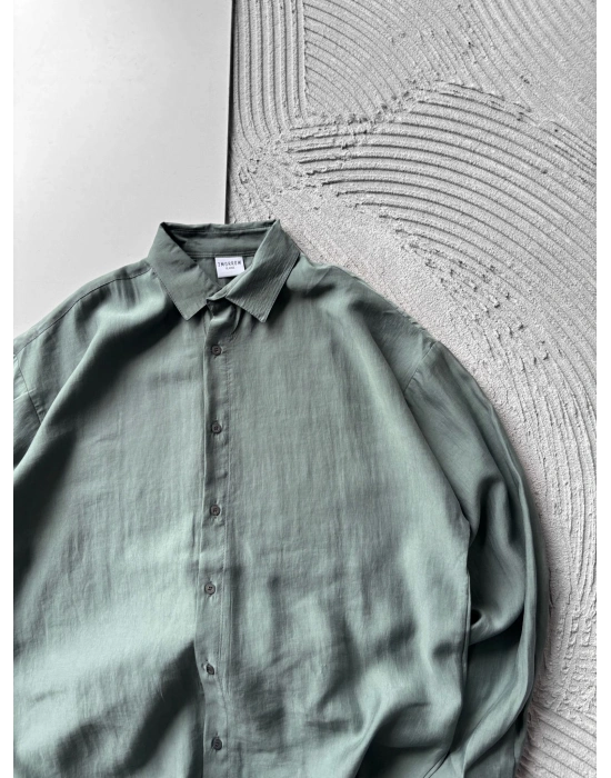 POLO YAKA MODAL KUMAŞ OVERSIZE GÖMLEK YEŞİL