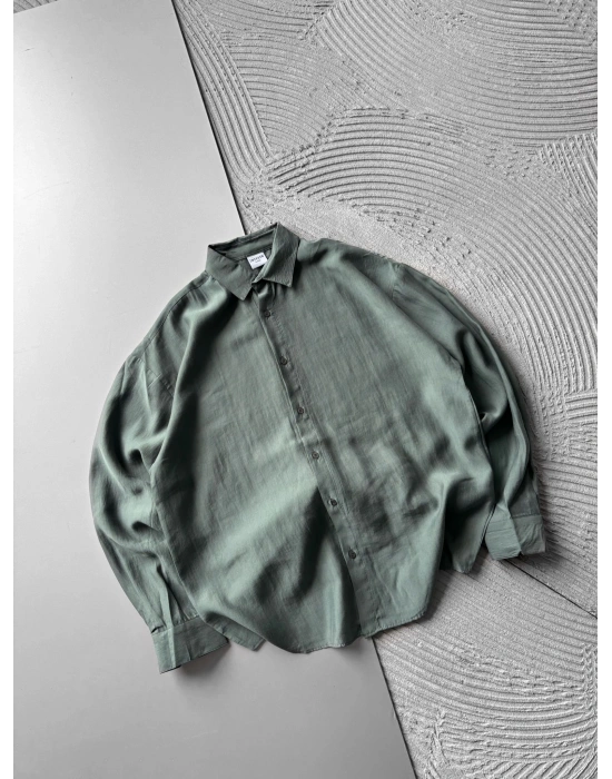 POLO YAKA MODAL KUMAŞ OVERSIZE GÖMLEK YEŞİL