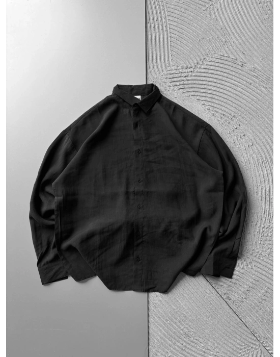 POLO YAKA MODAL KUMAŞ OVERSIZE GÖMLEK SİYAH