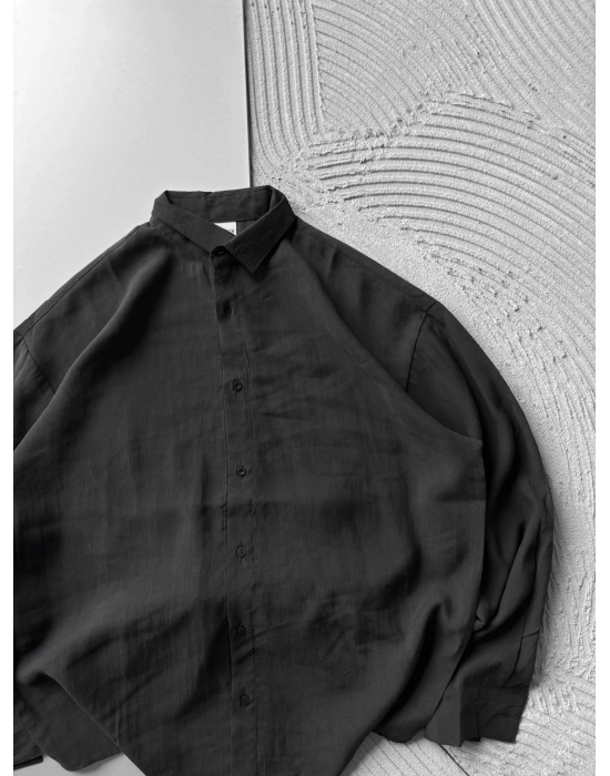 POLO YAKA MODAL KUMAŞ OVERSIZE GÖMLEK SİYAH