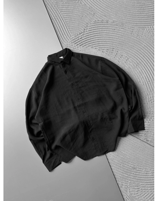 POLO YAKA MODAL KUMAŞ OVERSIZE GÖMLEK SİYAH