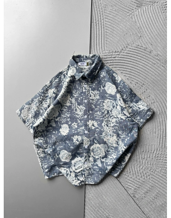 ETNIK DESEN OVERSIZE GÖMLEK MAVİ