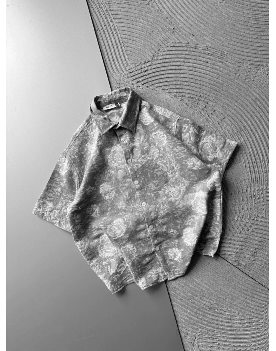 ETNIK DESEN OVERSIZE GÖMLEK GRİ