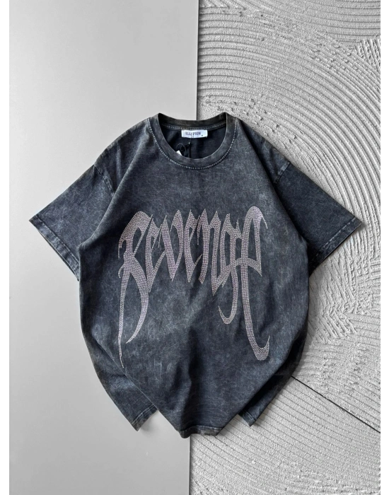 BISIKLET YAKA YIKAMALI, TAŞLI REVENGE OVERSIZE TSHIRT GRİ