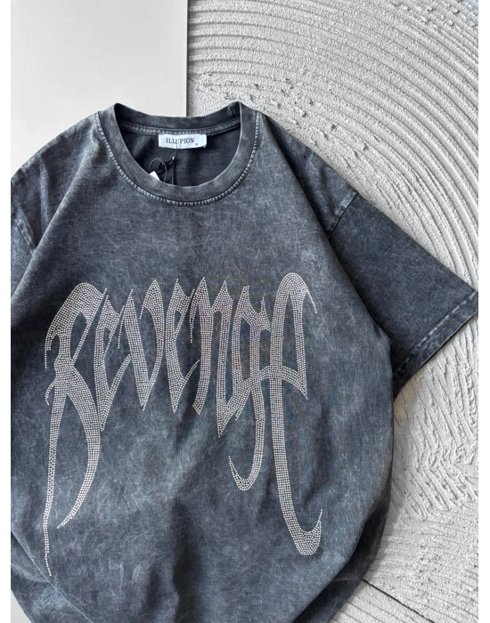 BISIKLET YAKA YIKAMALI, TAŞLI REVENGE OVERSIZE TSHIRT GRİ