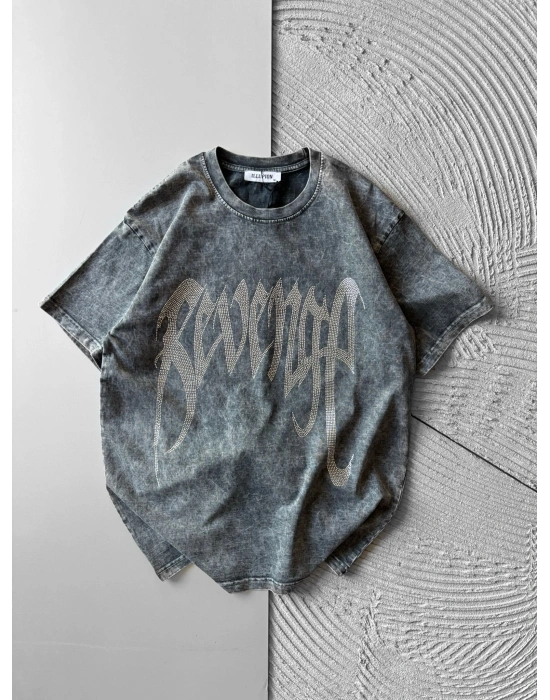 BISIKLET YAKA YIKAMALI, TAŞLI REVENGE OVERSIZE TSHIRT AÇIK GRİ