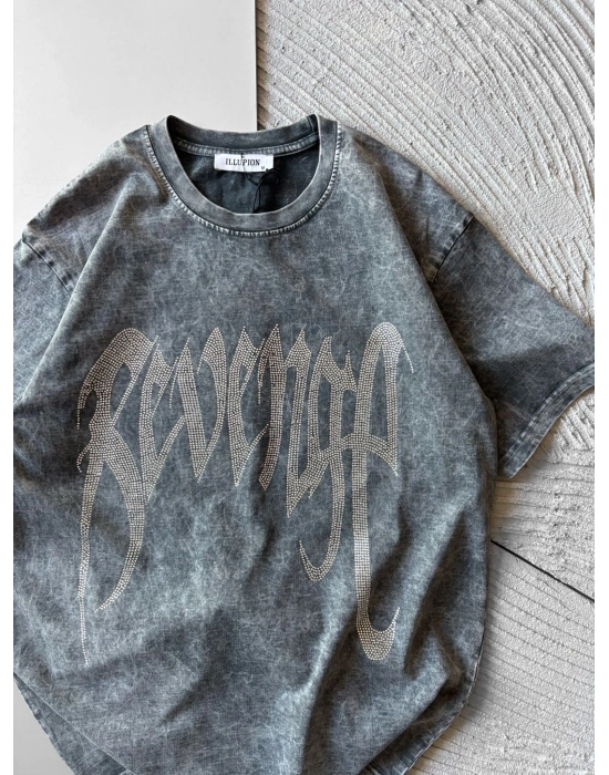 BISIKLET YAKA YIKAMALI, TAŞLI REVENGE OVERSIZE TSHIRT AÇIK GRİ