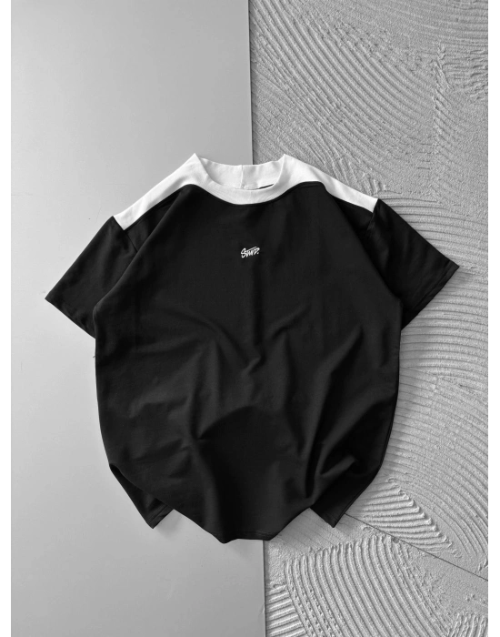 BİSİKLET YAKA BOYUN SIRT DETAY STW NAKIŞ TSHİRT SİYAH