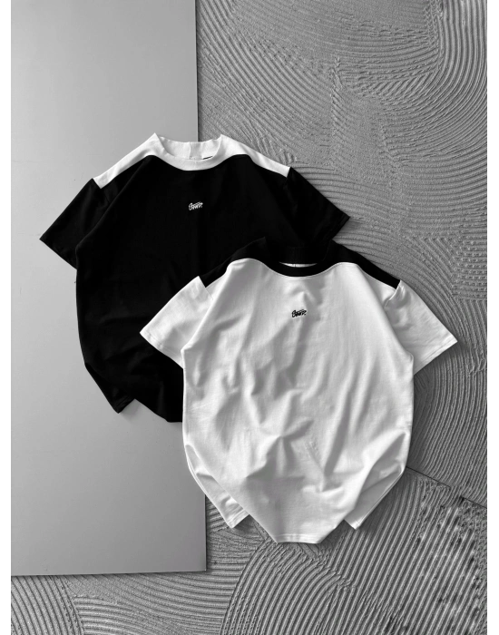 BİSİKLET YAKA BOYUN SIRT DETAY STW NAKIŞ TSHİRT SİYAH