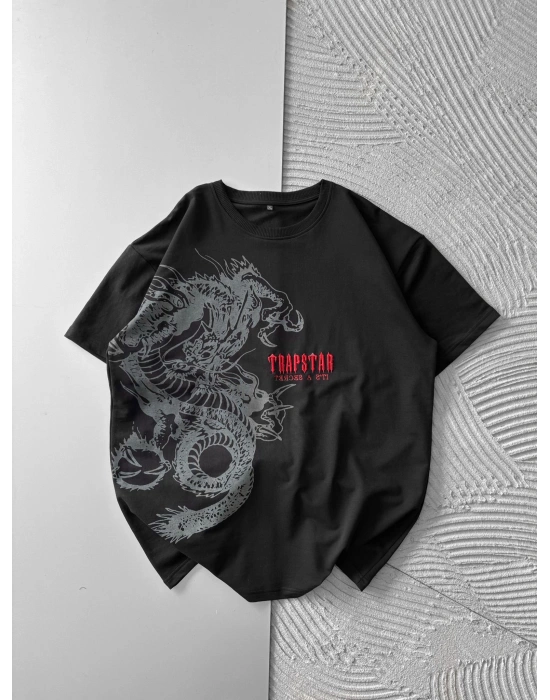 BİSİKLET YAKA EJDER TRAPSTAR NAKIŞ TSHİRT SİYAH