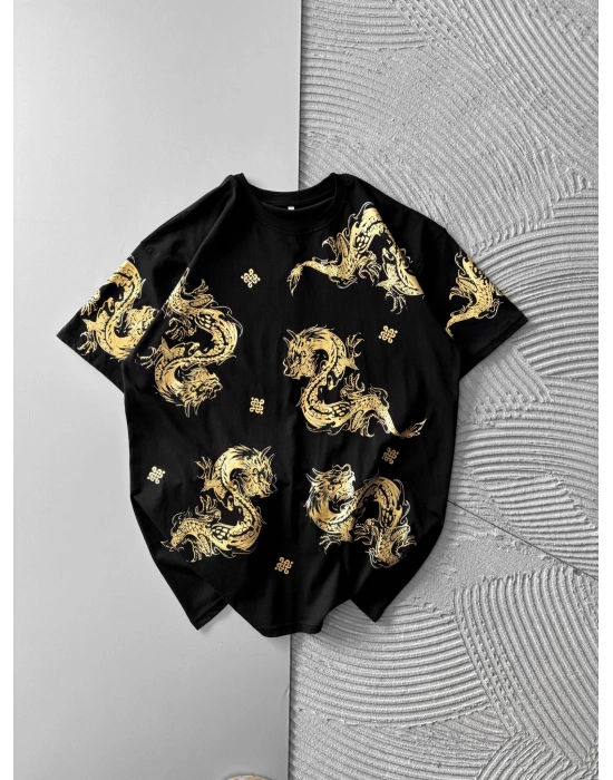 EJDER VARANK ÖN ARKA BASKILI OVERSİZE TSHİRT SİYAH