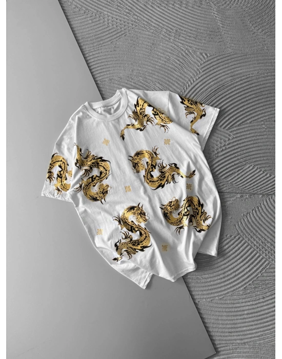 EJDER VARANK ÖN ARKA BASKILI OVERSİZE TSHİRT BEYAZ