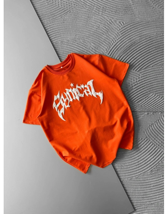 BİSİKLET YAKA TAŞLI TASARIM OVERSİZE TSHİRT TURUNCU