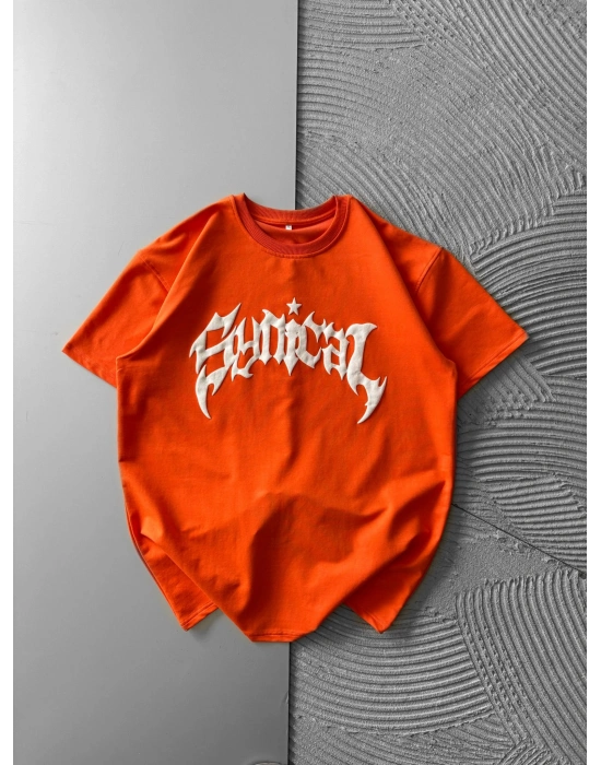 BİSİKLET YAKA TAŞLI TASARIM OVERSİZE TSHİRT TURUNCU