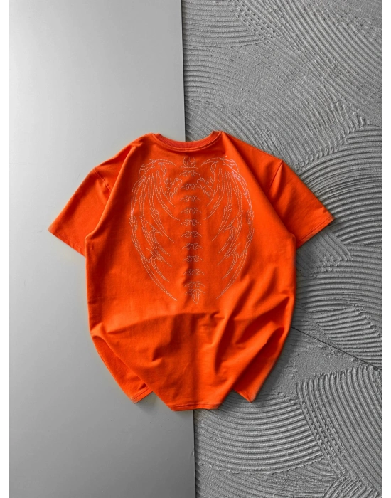 BİSİKLET YAKA TAŞLI TASARIM OVERSİZE TSHİRT TURUNCU