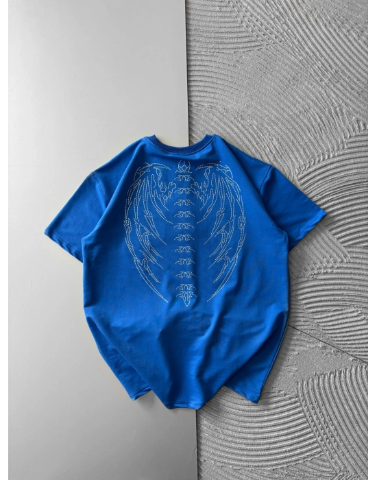 BİSİKLET YAKA TAŞLI TASARIM OVERSİZE TSHİRT MAVİ