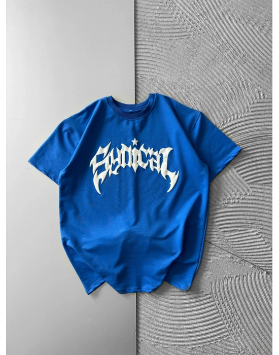 BİSİKLET YAKA TAŞLI TASARIM OVERSİZE TSHİRT MAVİ