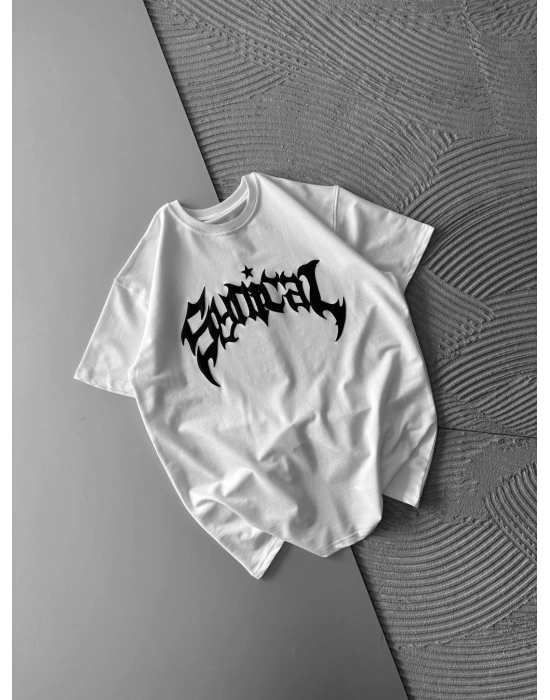 BİSİKLET YAKA TAŞLI TASARIM OVERSİZE TSHİRT BEYAZ