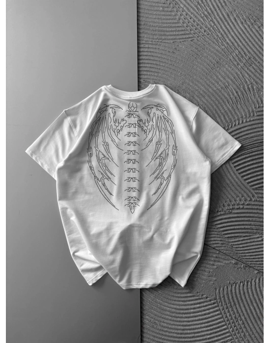 BİSİKLET YAKA TAŞLI TASARIM OVERSİZE TSHİRT BEYAZ