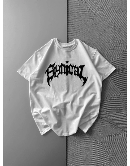 BİSİKLET YAKA TAŞLI TASARIM OVERSİZE TSHİRT BEYAZ